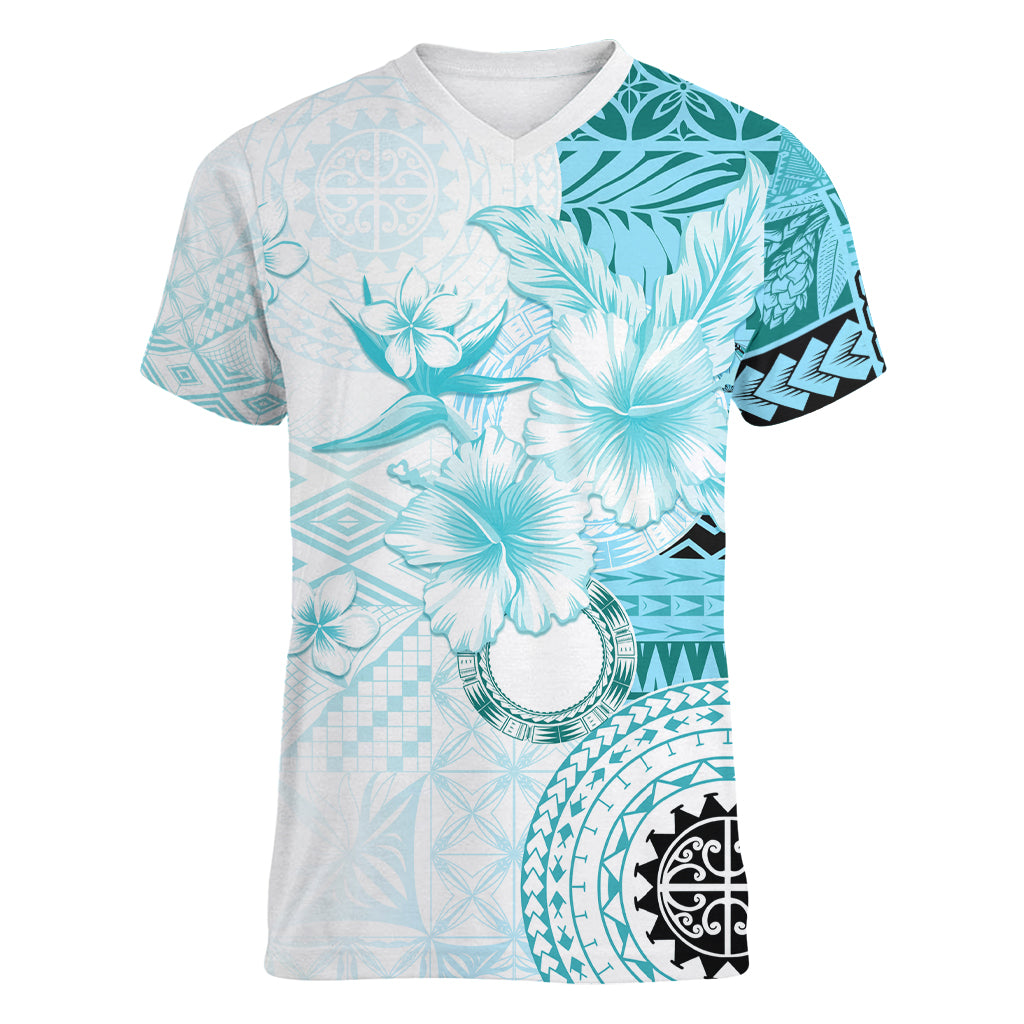 Samoa Siapo Pattern With Teal Hibiscus Women V Neck T Shirt LT05 Female Teal - Polynesian Pride