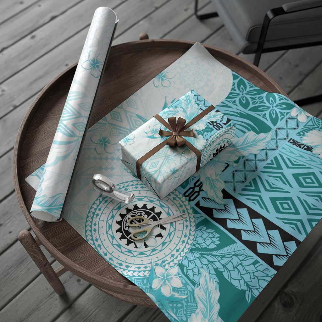 Samoa Siapo Pattern With Teal Hibiscus Wrapping Paper LT05 - Polynesian Pride