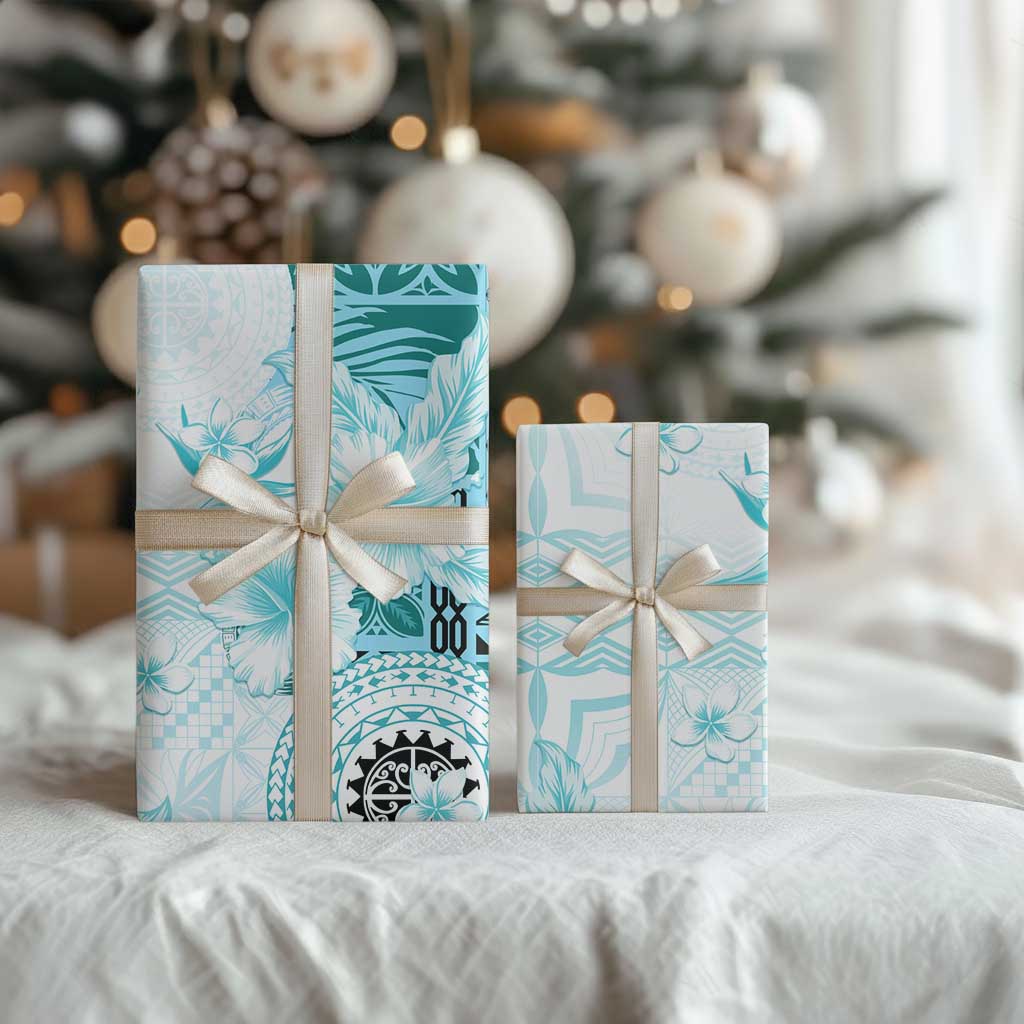 Samoa Siapo Pattern With Teal Hibiscus Wrapping Paper LT05 - Polynesian Pride
