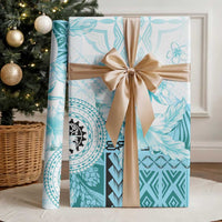 Samoa Siapo Pattern With Teal Hibiscus Wrapping Paper LT05 - Polynesian Pride