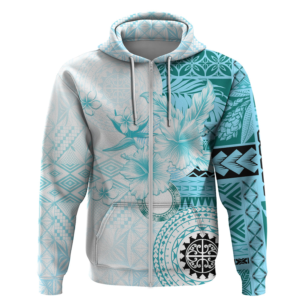 Samoa Siapo Pattern With Teal Hibiscus Zip Hoodie LT05 Zip Hoodie Teal - Polynesian Pride