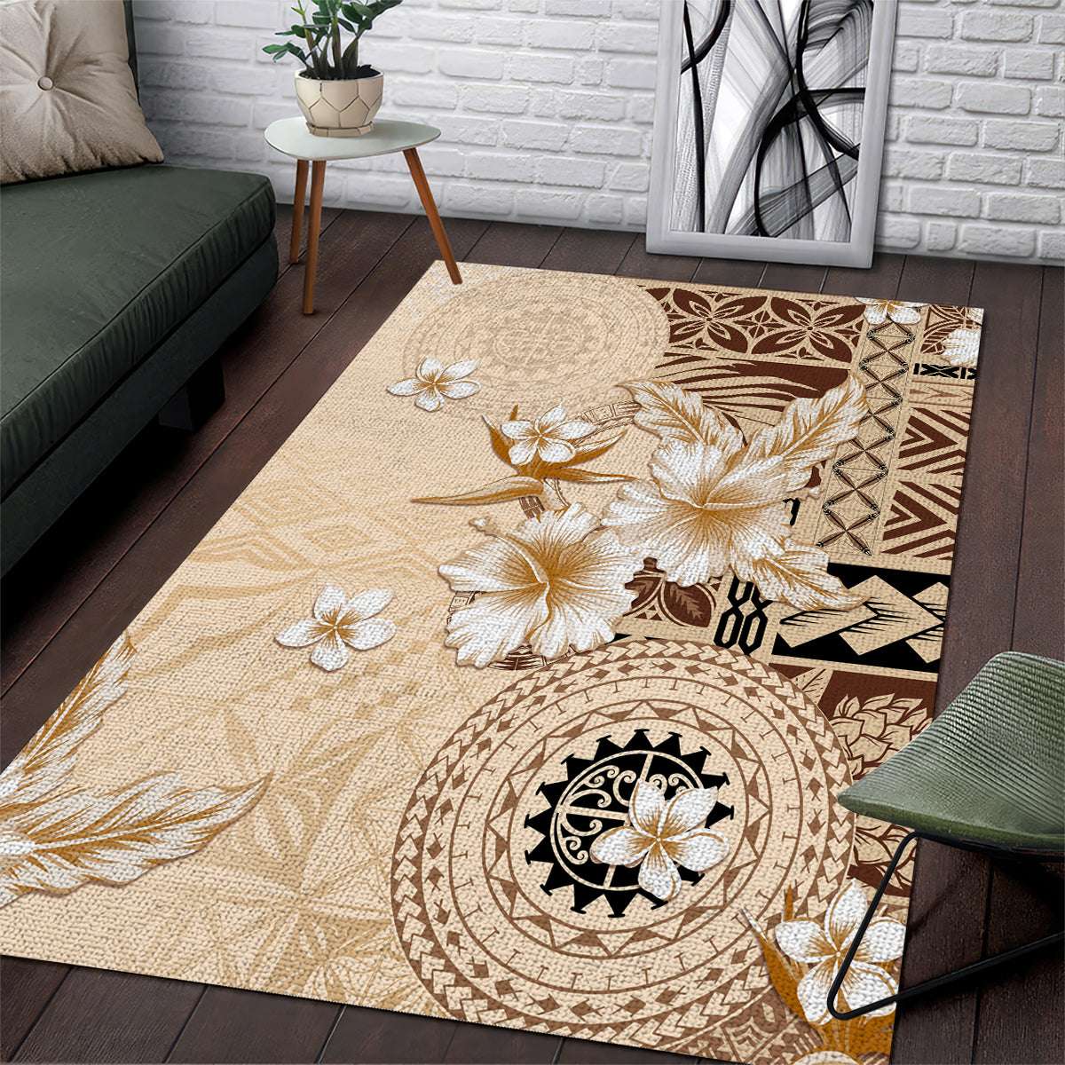 Samoa Siapo Pattern With Beige Hibiscus Area Rug