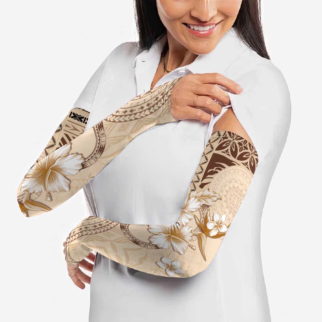 Samoa Siapo Pattern With Beige Hibiscus Arm Sleeves - Polynesian Pride