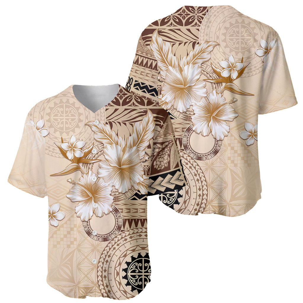 Samoa Siapo Pattern With Beige Hibiscus Baseball Jersey LT05 - Polynesian Pride