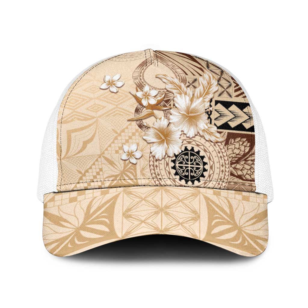 Samoa Siapo Pattern With Beige Hibiscus Baseball Net Cap - Polynesian Pride