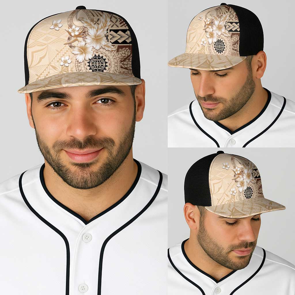 Samoa Siapo Pattern With Beige Hibiscus Baseball Net Cap - Polynesian Pride