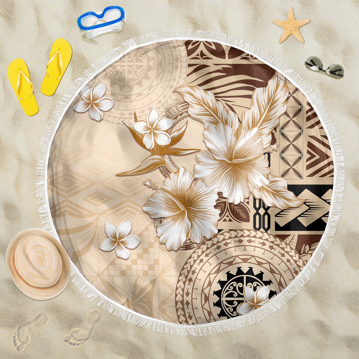 Samoa Siapo Pattern With Beige Hibiscus Beach Blanket