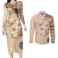 Samoa Siapo Pattern With Beige Hibiscus Couples Matching Long Sleeve Bodycon Dress and Long Sleeve Button Shirt LT05