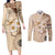 Samoa Siapo Pattern With Beige Hibiscus Couples Matching Long Sleeve Bodycon Dress and Long Sleeve Button Shirt LT05 Beige - Polynesian Pride