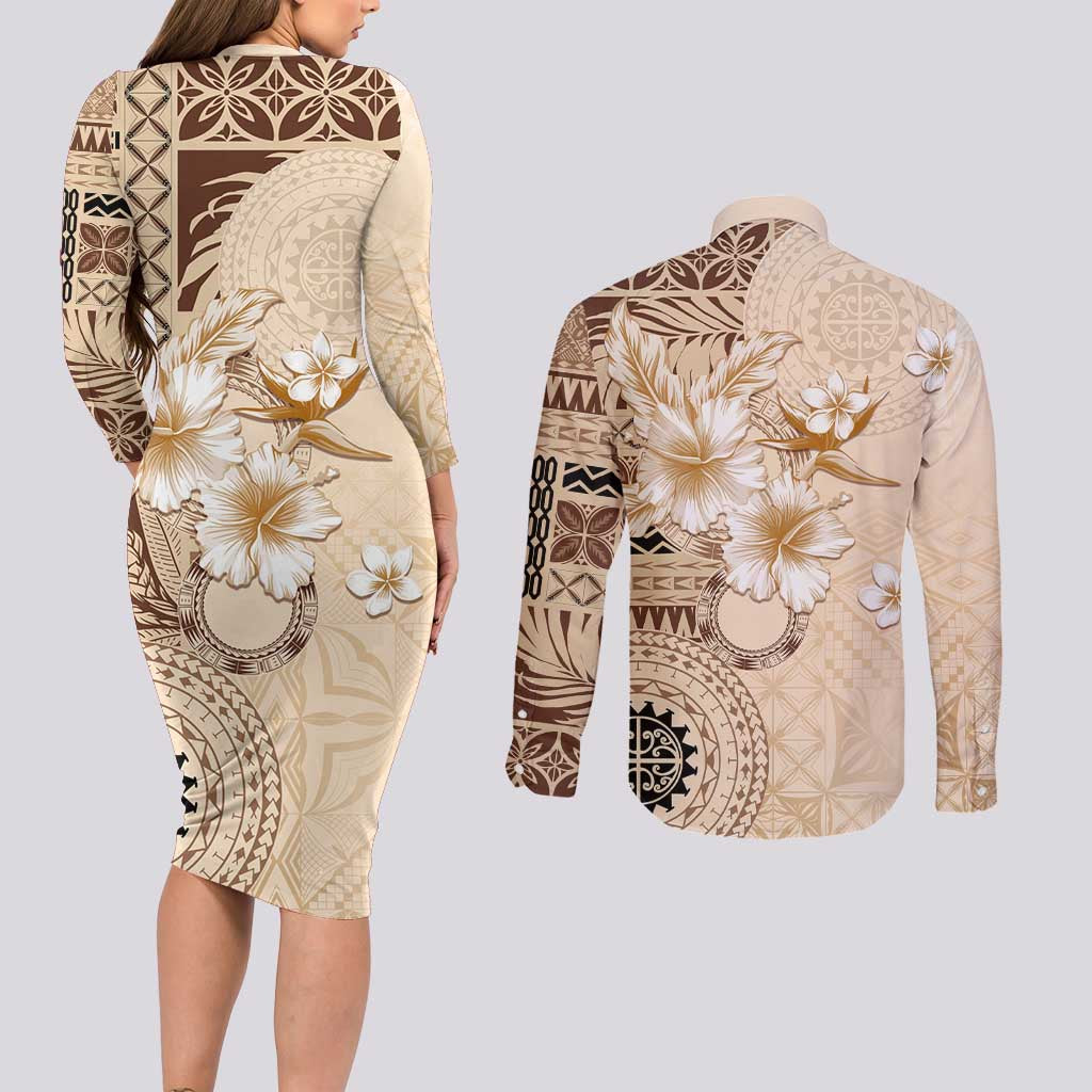 Samoa Siapo Pattern With Beige Hibiscus Couples Matching Long Sleeve Bodycon Dress and Long Sleeve Button Shirt LT05