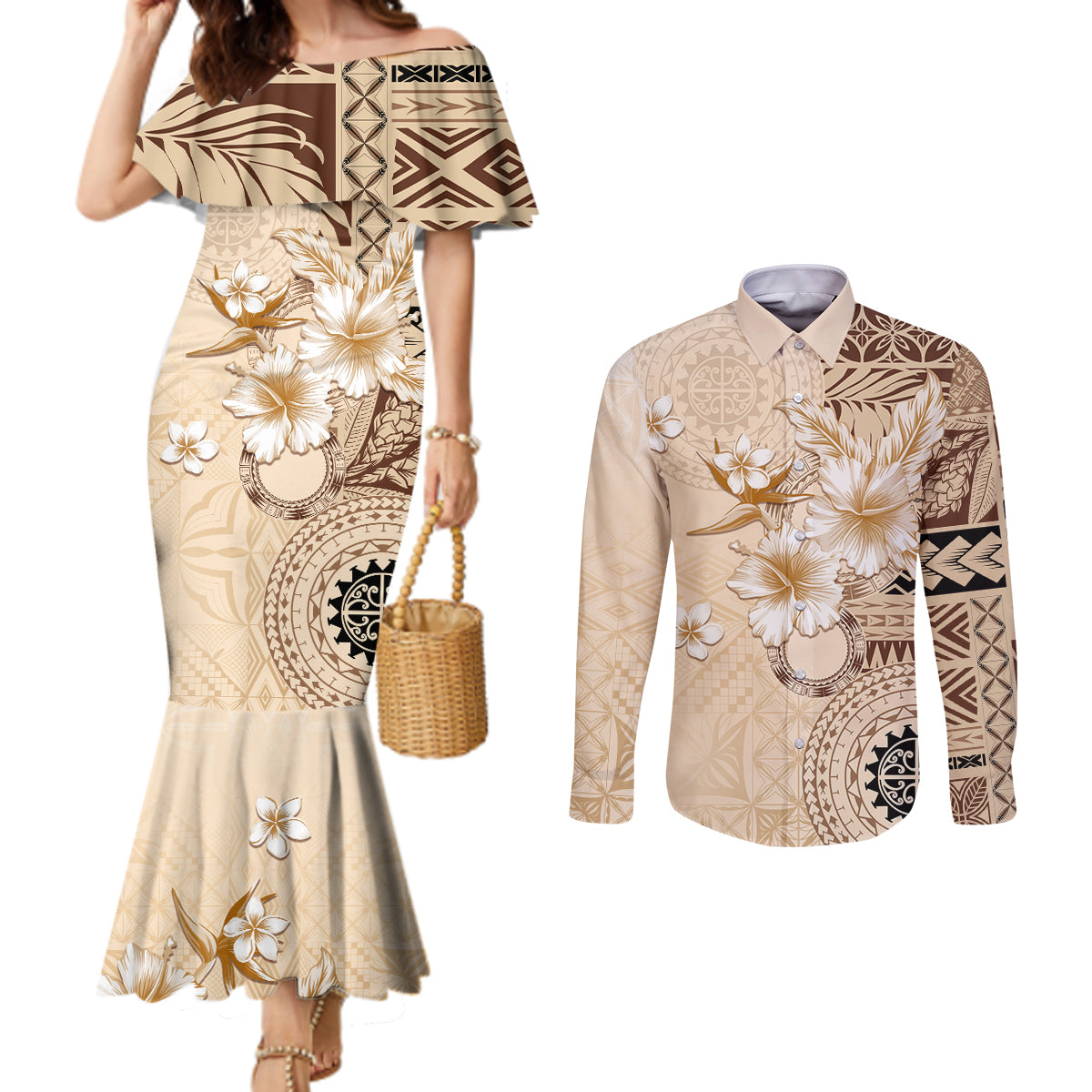 Samoa Siapo Pattern With Beige Hibiscus Couples Matching Mermaid Dress and Long Sleeve Button Shirt LT05 Beige - Polynesian Pride