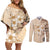 Samoa Siapo Pattern With Beige Hibiscus Couples Matching Off Shoulder Short Dress and Long Sleeve Button Shirt LT05 Beige - Polynesian Pride