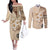 Samoa Siapo Pattern With Beige Hibiscus Couples Matching Off The Shoulder Long Sleeve Dress and Long Sleeve Button Shirt LT05 Beige - Polynesian Pride