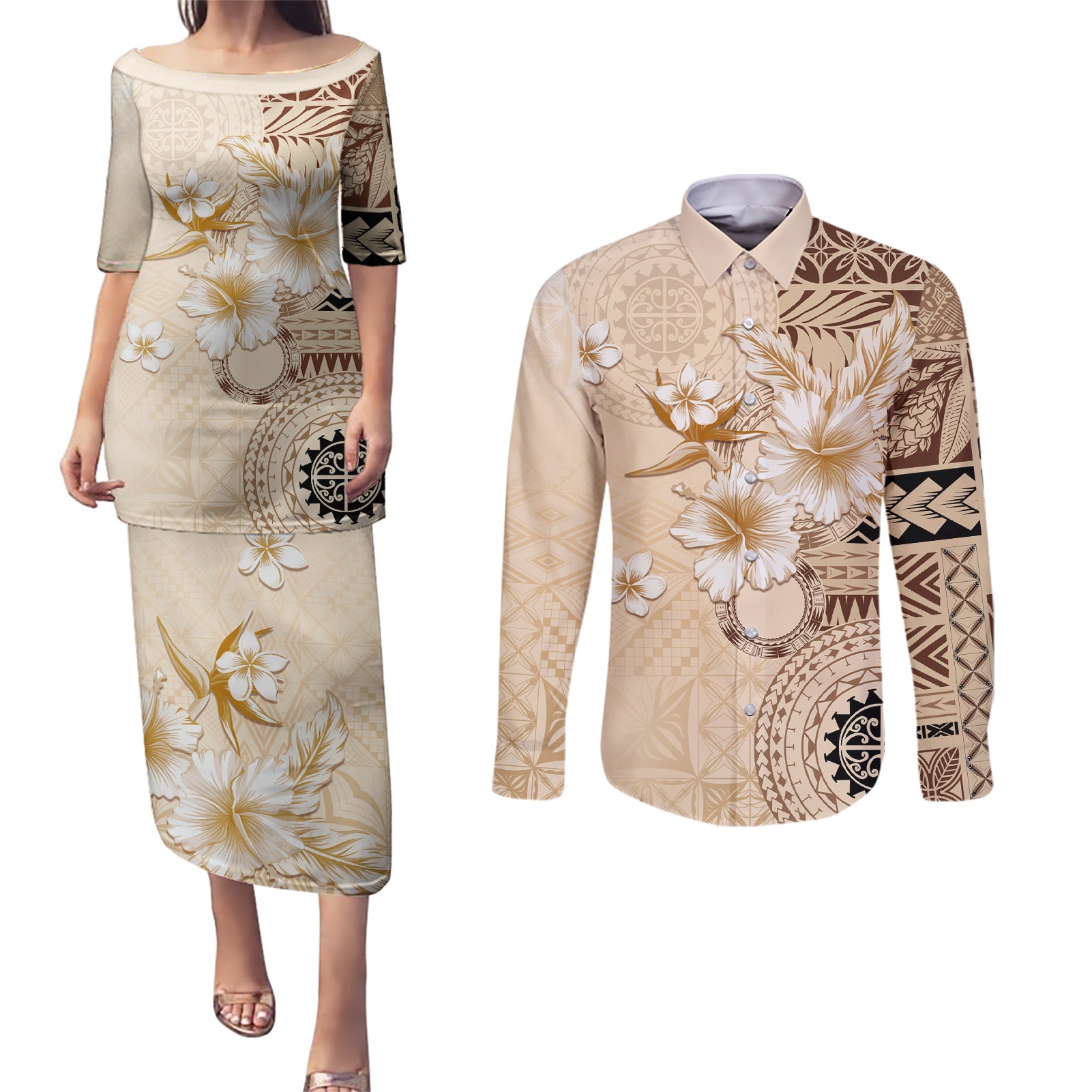 Samoa Siapo Pattern With Beige Hibiscus Couples Matching Puletasi and Long Sleeve Button Shirt LT05 Beige - Polynesian Pride