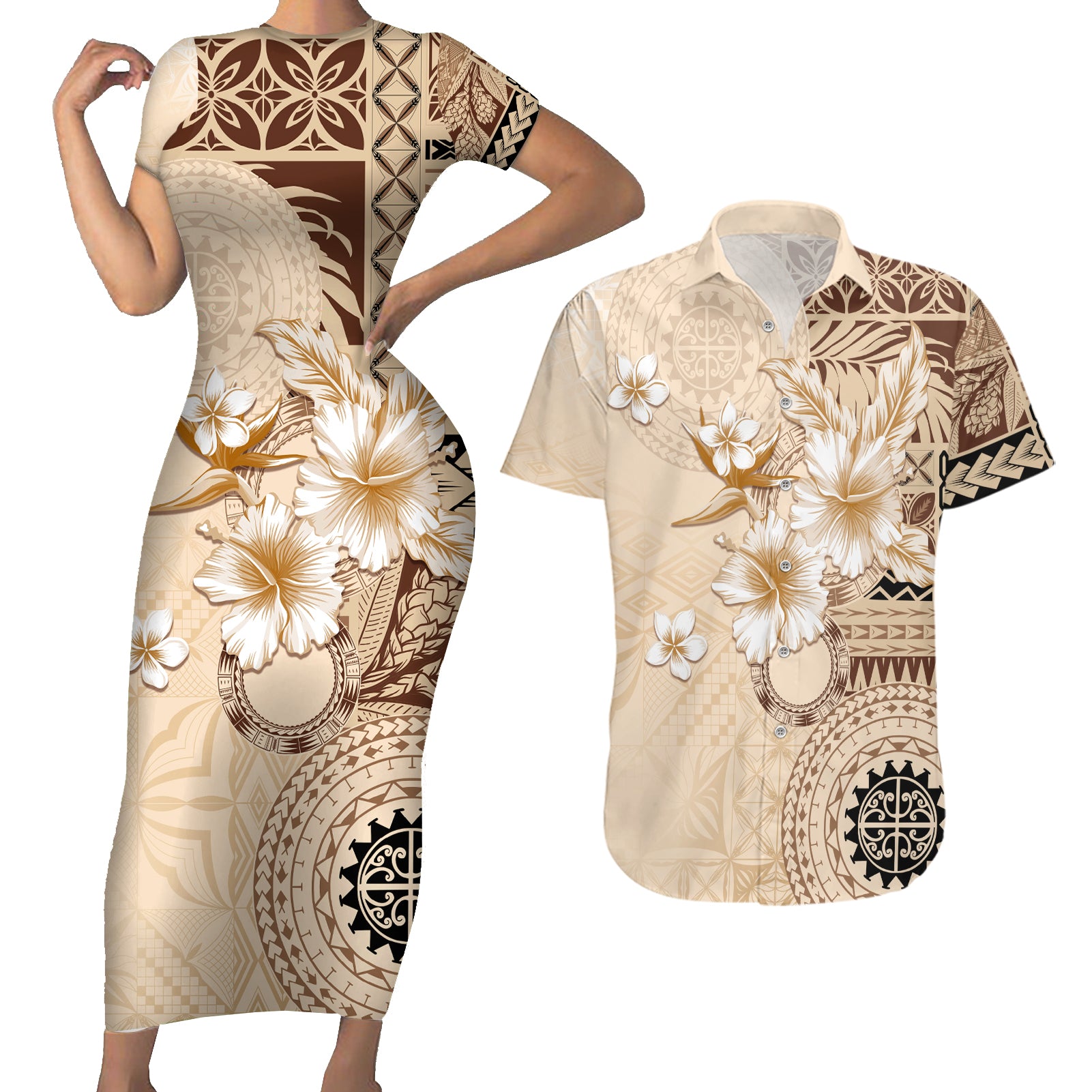 Samoa Siapo Pattern With Beige Hibiscus Couples Matching Short Sleeve Bodycon Dress and Hawaiian Shirt LT05 Beige - Polynesian Pride