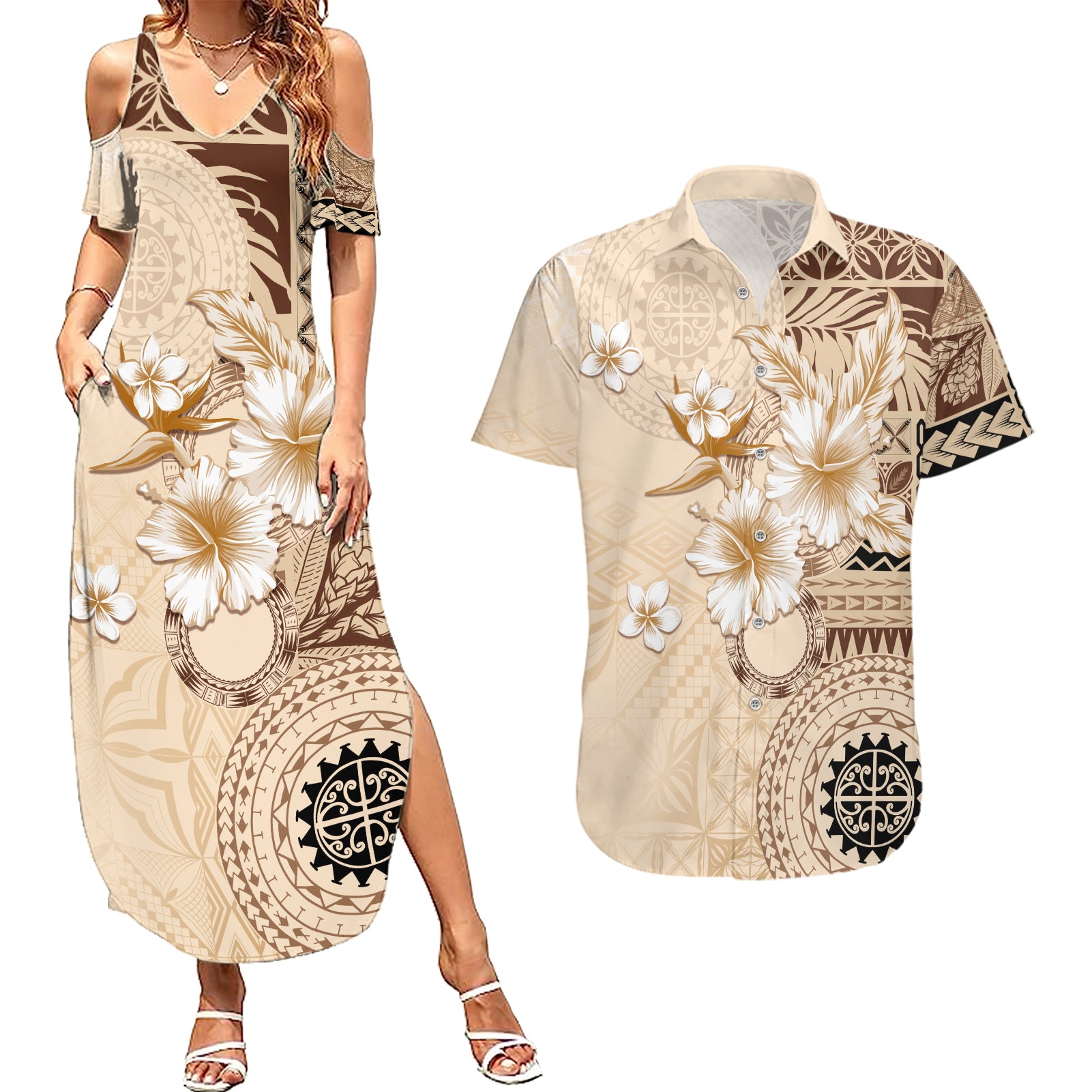 Samoa Siapo Pattern With Beige Hibiscus Couples Matching Summer Maxi Dress and Hawaiian Shirt LT05 Beige - Polynesian Pride