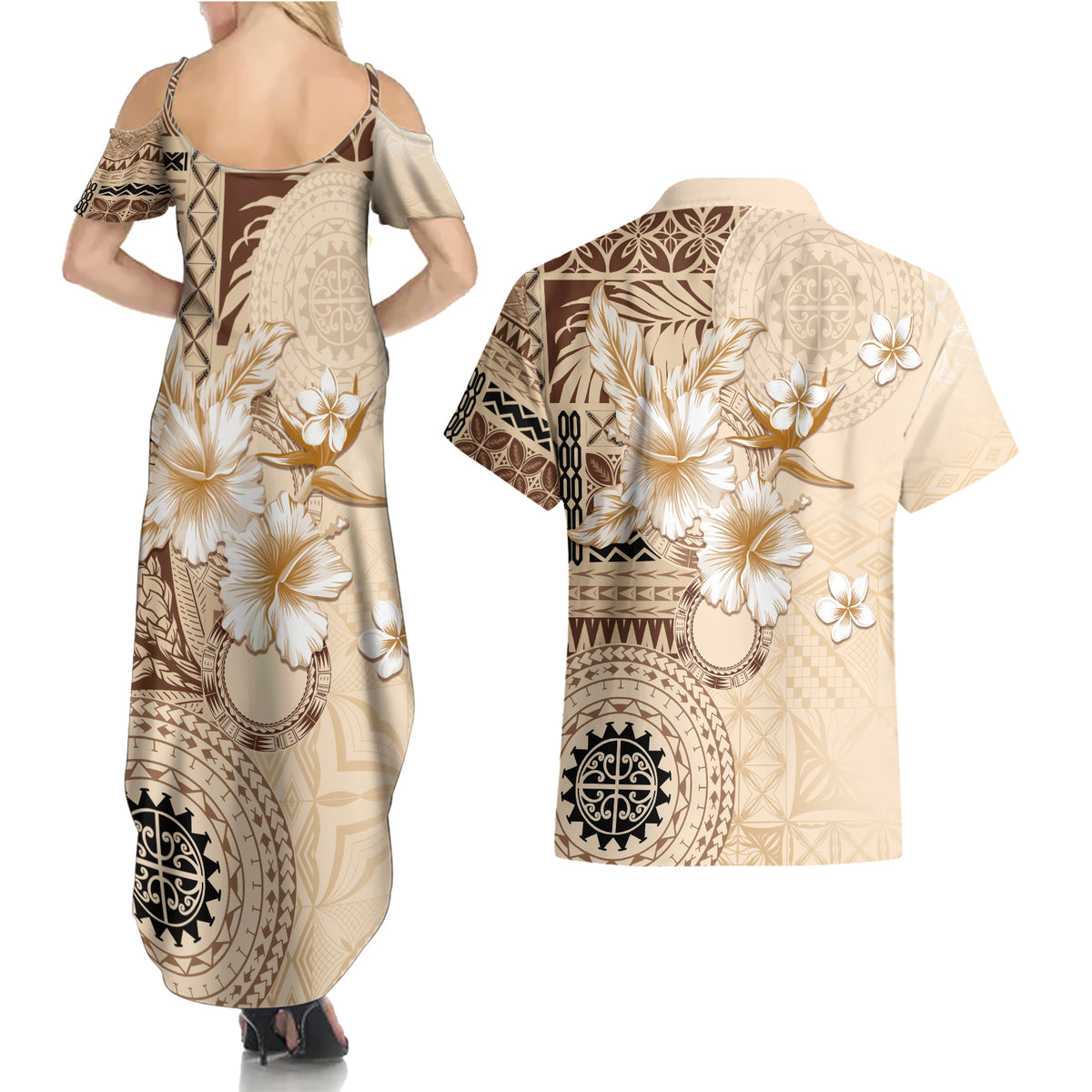 Samoa Siapo Pattern With Beige Hibiscus Couples Matching Summer Maxi Dress and Hawaiian Shirt LT05 - Polynesian Pride