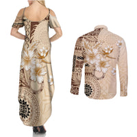 Samoa Siapo Pattern With Beige Hibiscus Couples Matching Summer Maxi Dress and Long Sleeve Button Shirt LT05 - Polynesian Pride