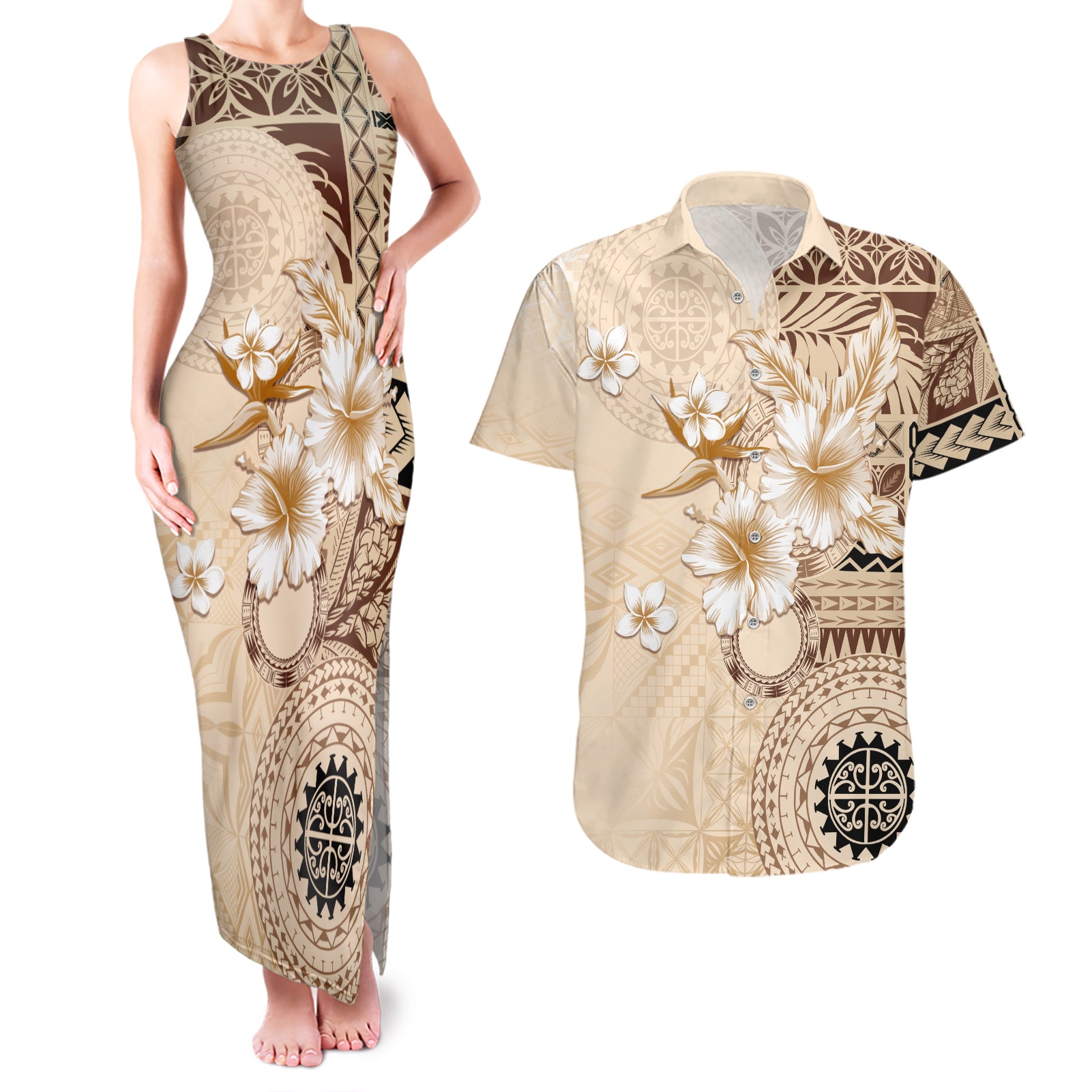 Samoa Siapo Pattern With Beige Hibiscus Couples Matching Tank Maxi Dress and Hawaiian Shirt LT05 Beige - Polynesian Pride