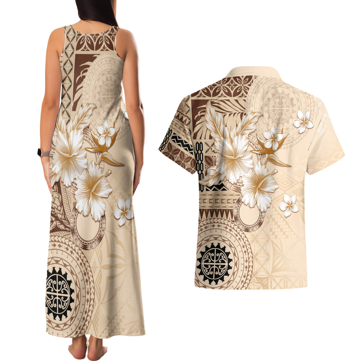 Samoa Siapo Pattern With Beige Hibiscus Couples Matching Tank Maxi Dress and Hawaiian Shirt LT05 - Polynesian Pride