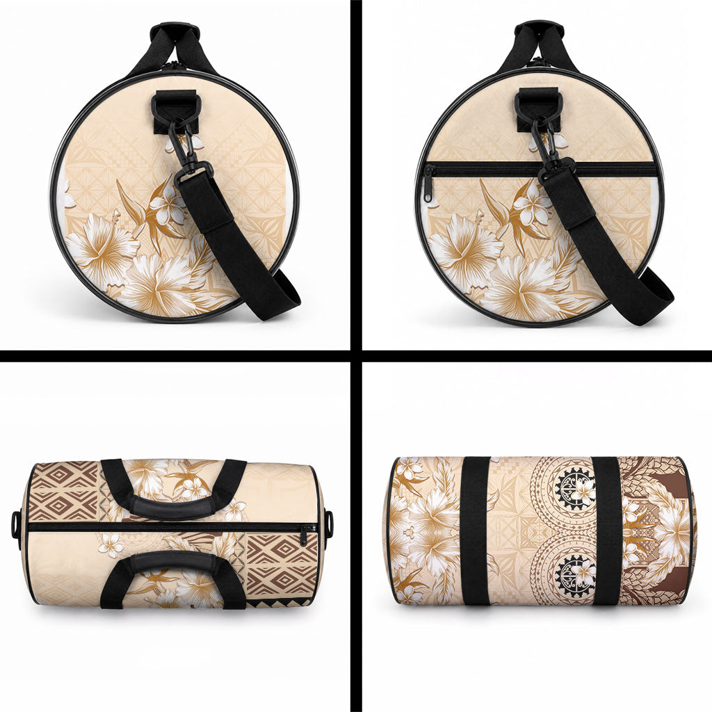 Samoa Siapo Pattern With Beige Hibiscus Duffle Bag