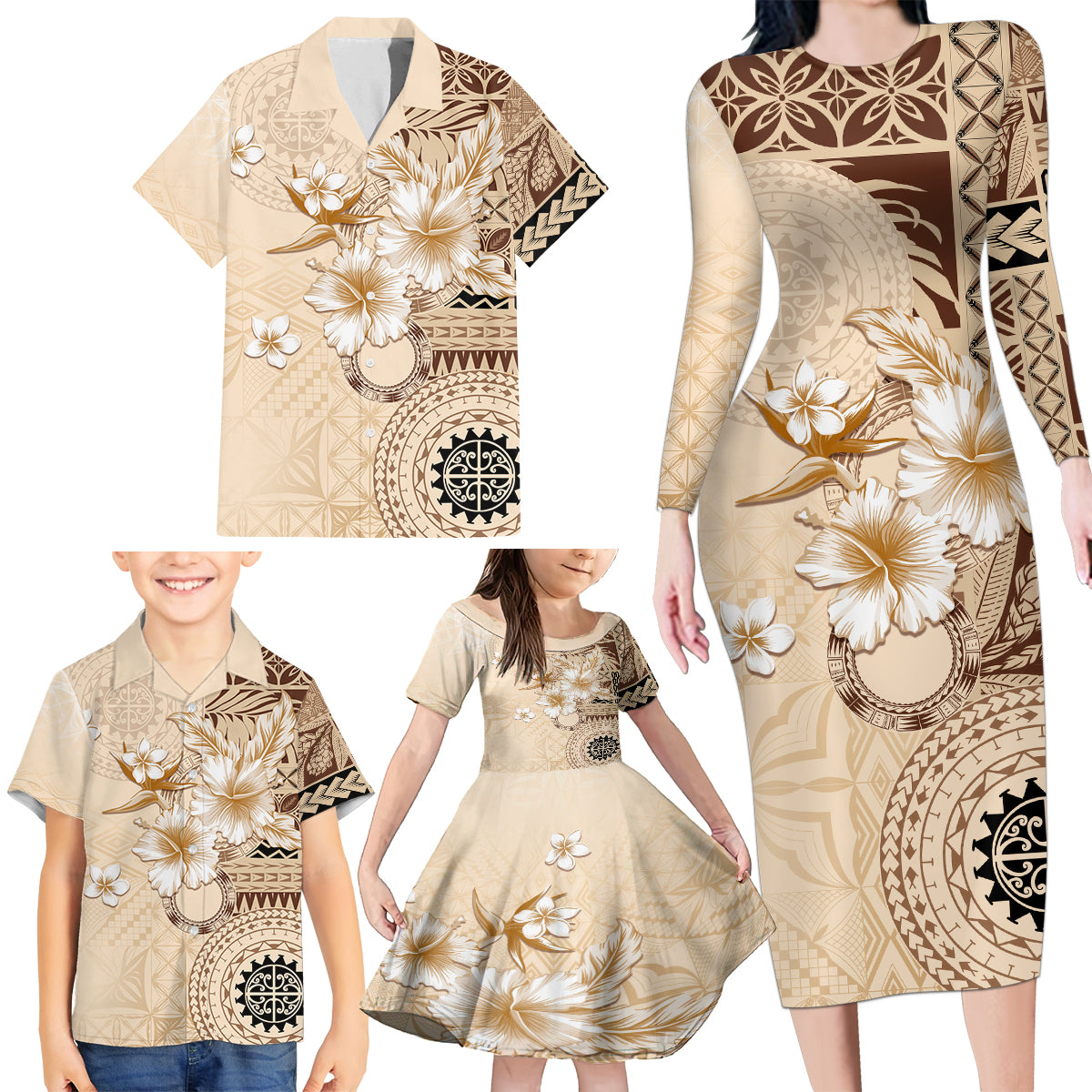 Samoa Siapo Pattern With Beige Hibiscus Family Matching Long Sleeve Bodycon Dress and Hawaiian Shirt LT05 - Polynesian Pride