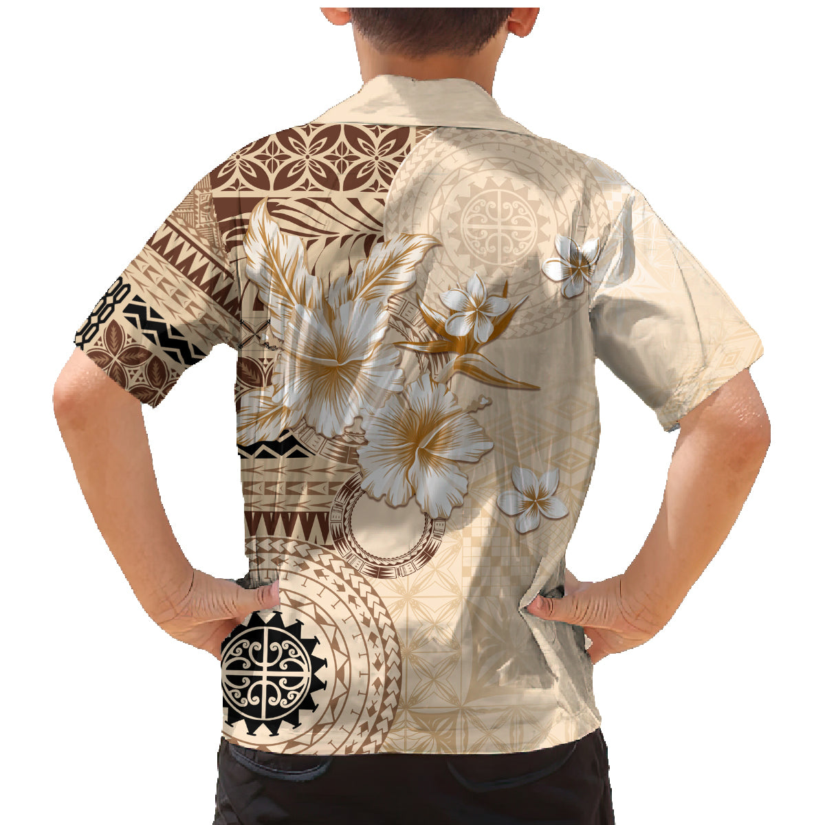 Samoa Siapo Pattern With Beige Hibiscus Family Matching Mermaid Dress and Hawaiian Shirt LT05 - Polynesian Pride