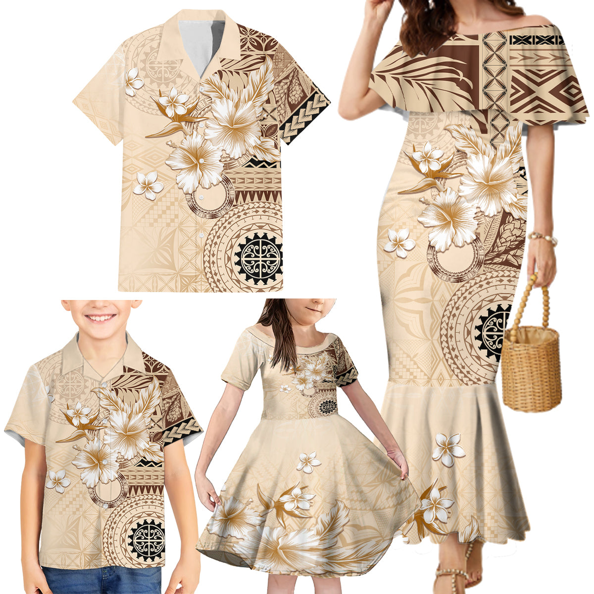 Samoa Siapo Pattern With Beige Hibiscus Family Matching Mermaid Dress and Hawaiian Shirt LT05 - Polynesian Pride