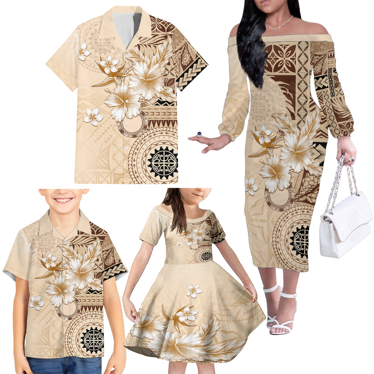 Samoa Siapo Pattern With Beige Hibiscus Family Matching Off Shoulder Long Sleeve Dress and Hawaiian Shirt LT05 - Polynesian Pride