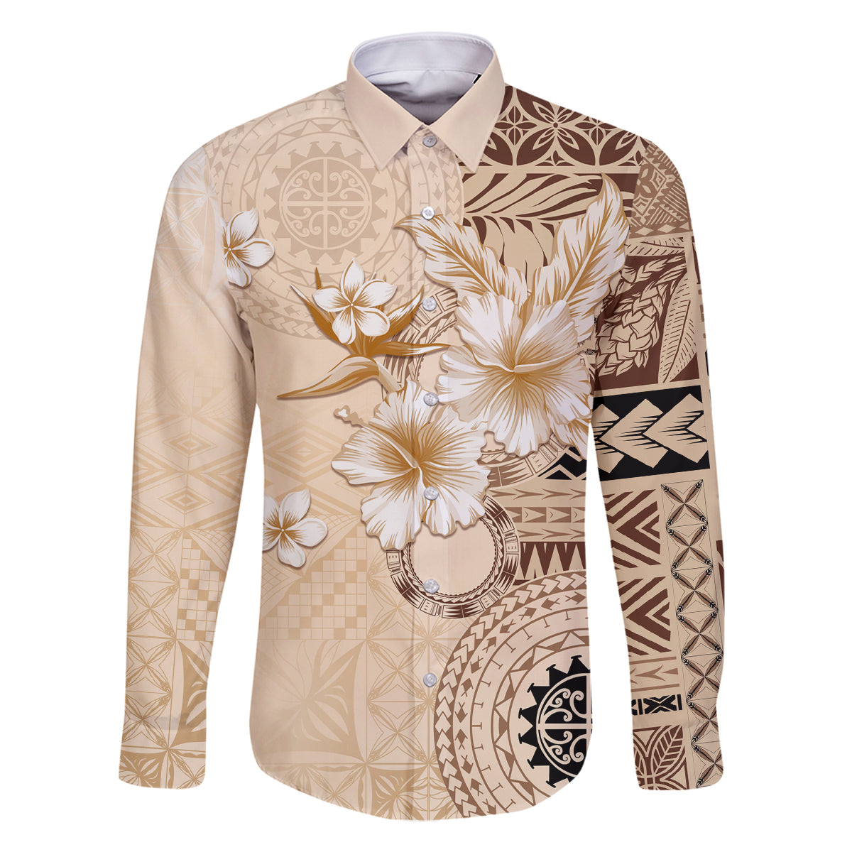 Samoa Siapo Pattern With Beige Hibiscus Family Matching Off Shoulder Short Dress and Hawaiian Shirt LT05 Dad's Shirt - Long Sleeve Beige - Polynesian Pride