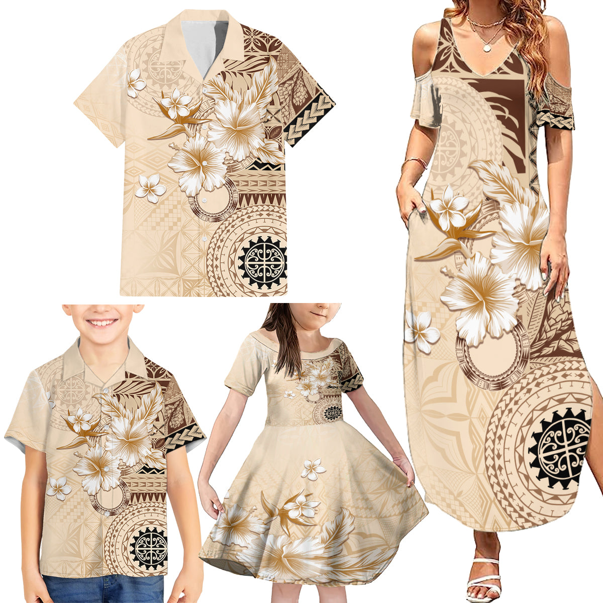 Samoa Siapo Pattern With Beige Hibiscus Family Matching Summer Maxi Dress and Hawaiian Shirt LT05 - Polynesian Pride