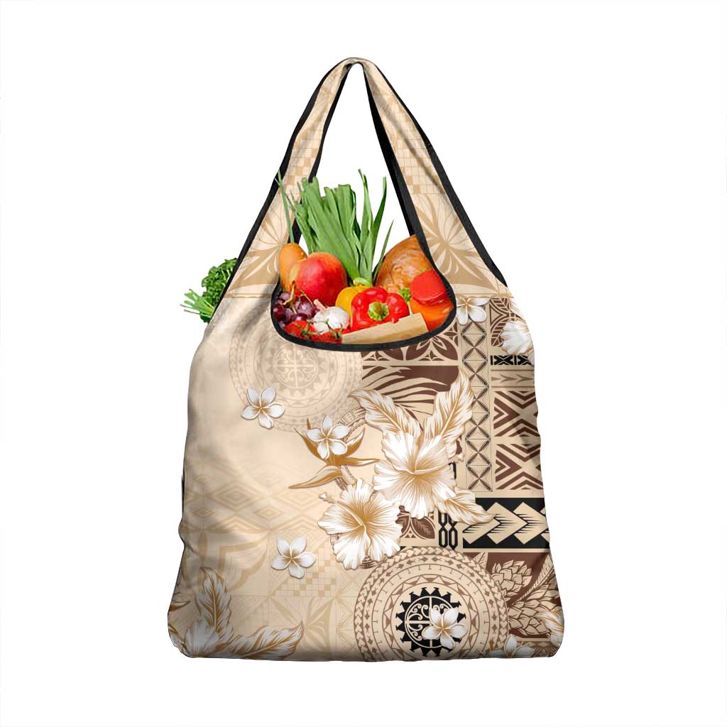 Samoa Siapo Pattern With Beige Hibiscus Grocery Bag LT05 1-pack One Size Beige - Polynesian Pride