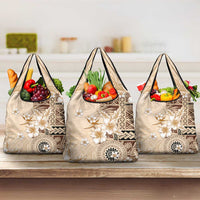 Samoa Siapo Pattern With Beige Hibiscus Grocery Bag LT05 3-pack One Size Beige - Polynesian Pride