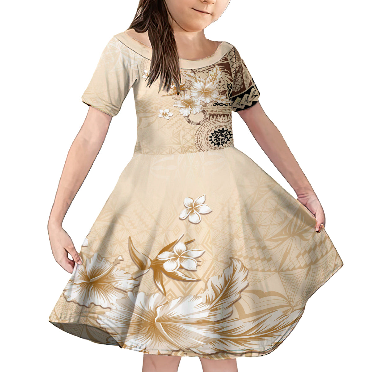 Samoa Siapo Pattern With Beige Hibiscus Kid Short Sleeve Dress LT05 KID Beige - Polynesian Pride