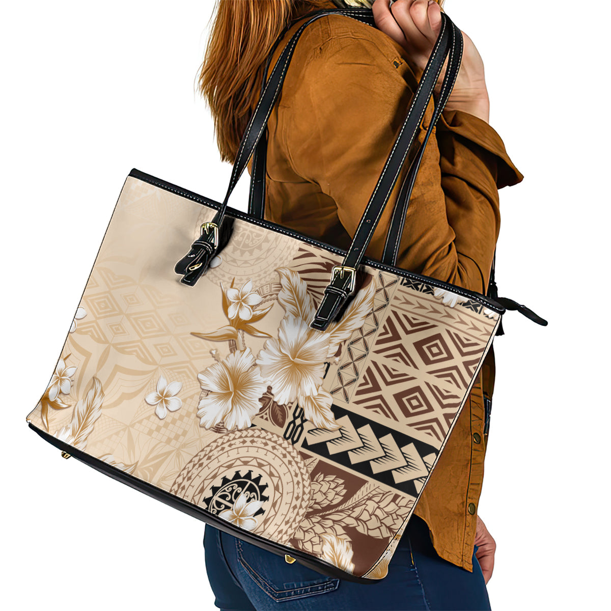 Samoa Siapo Pattern With Beige Hibiscus Leather Tote Bag