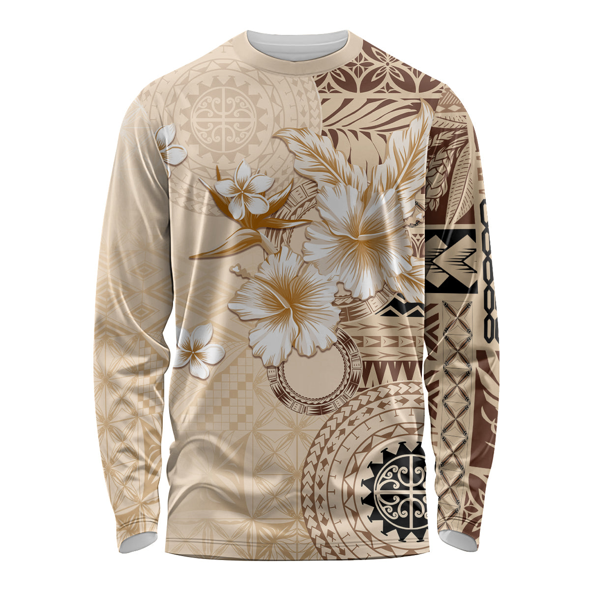 Samoa Siapo Pattern With Beige Hibiscus Long Sleeve Shirt LT05 Unisex Beige - Polynesian Pride