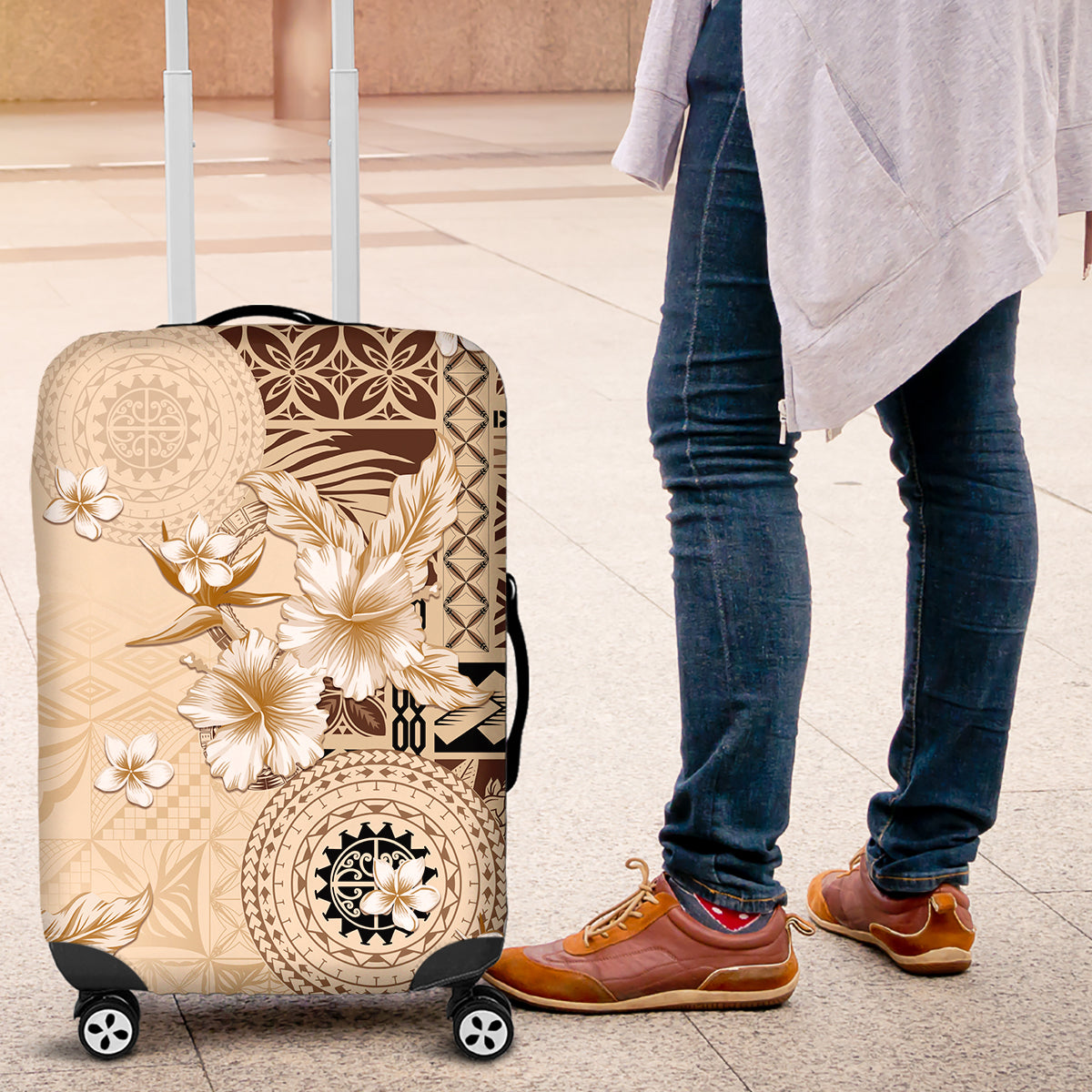 Samoa Siapo Pattern With Beige Hibiscus Luggage Cover