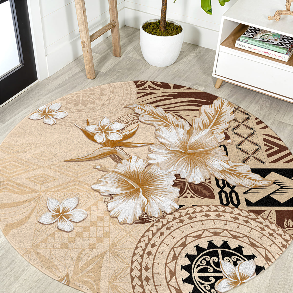 Samoa Siapo Pattern With Beige Hibiscus Round Carpet