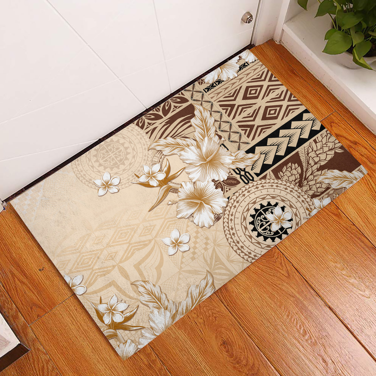 Samoa Siapo Pattern With Beige Hibiscus Rubber Doormat