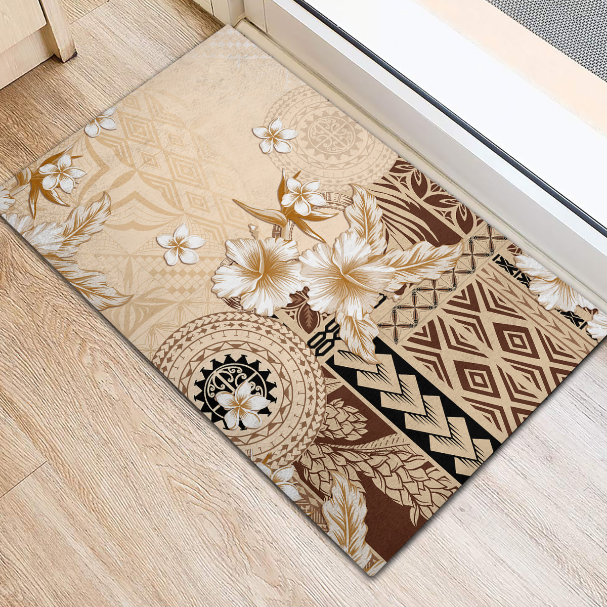 Samoa Siapo Pattern With Beige Hibiscus Rubber Doormat