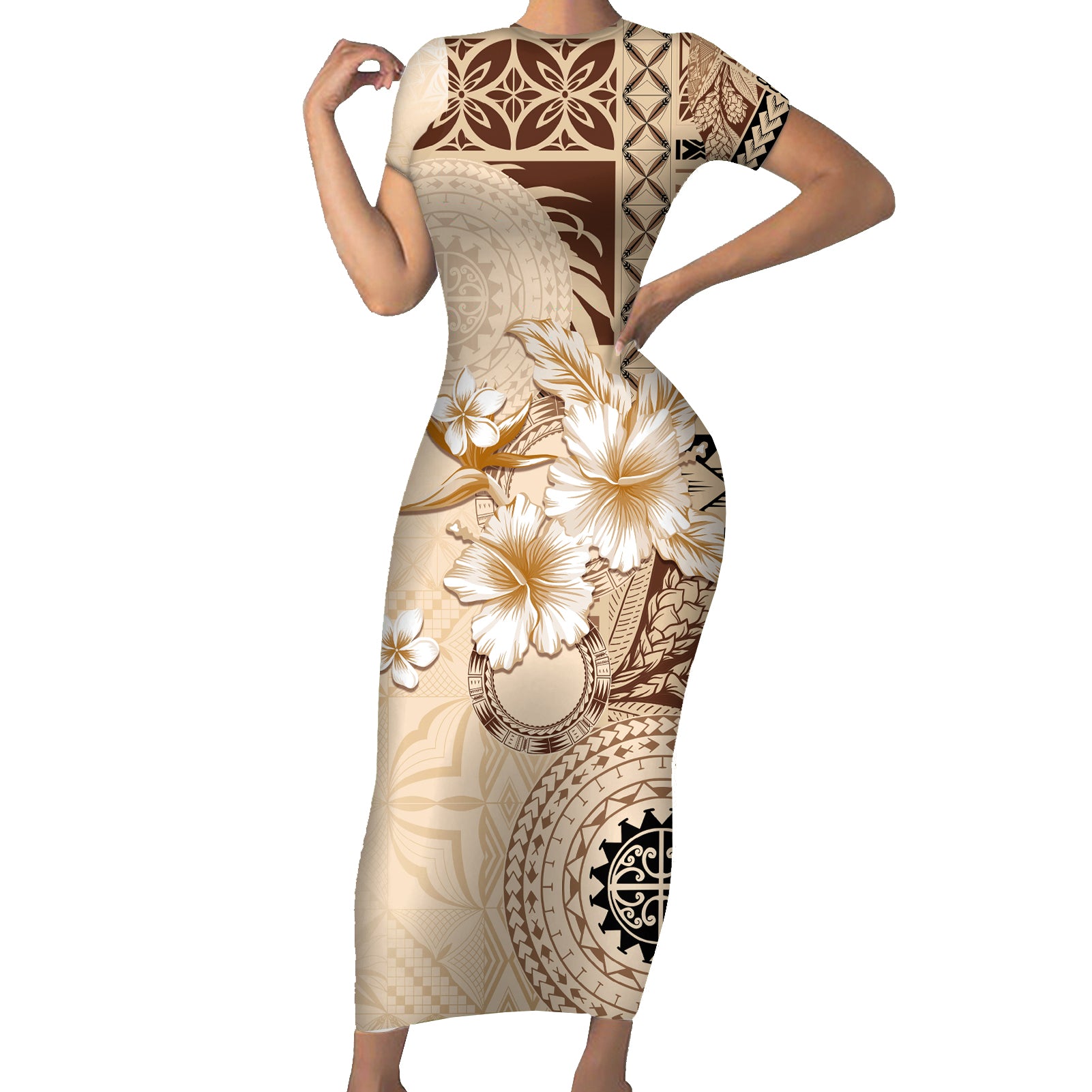 Samoa Siapo Pattern With Beige Hibiscus Short Sleeve Bodycon Dress LT05 Long Dress Beige - Polynesian Pride