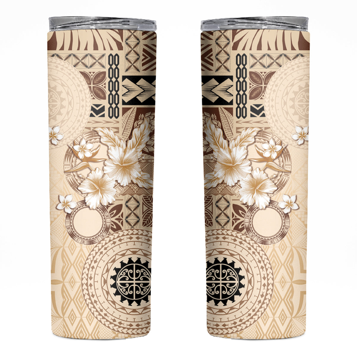 Samoa Siapo Pattern With Beige Hibiscus Skinny Tumbler