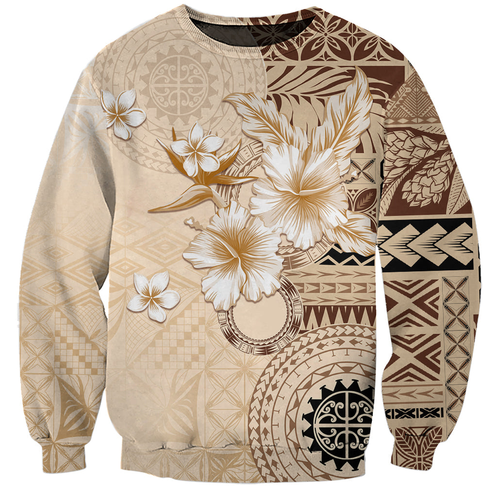 Samoa Siapo Pattern With Beige Hibiscus Sweatshirt LT05 Unisex Beige - Polynesian Pride