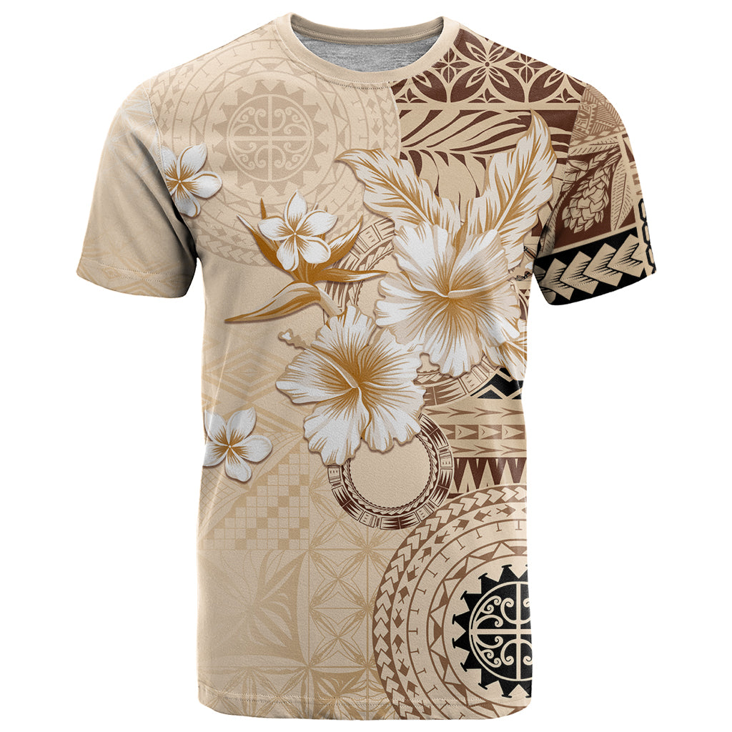 Samoa Siapo Pattern With Beige Hibiscus T Shirt LT05 Beige - Polynesian Pride