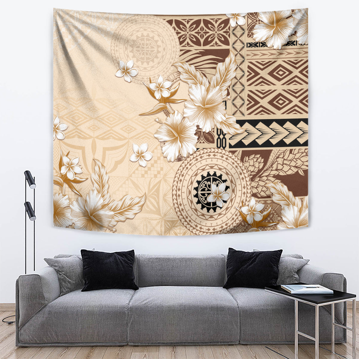 Samoa Siapo Pattern With Beige Hibiscus Tapestry