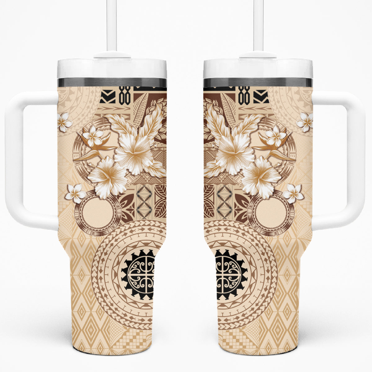 Samoa Siapo Pattern With Beige Hibiscus Tumbler With Handle