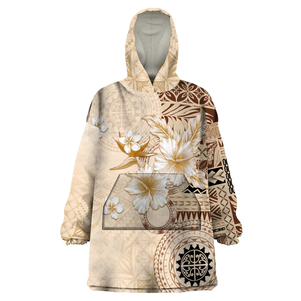 Samoa Siapo Pattern With Beige Hibiscus Wearable Blanket Hoodie LT05 One Size Beige - Polynesian Pride