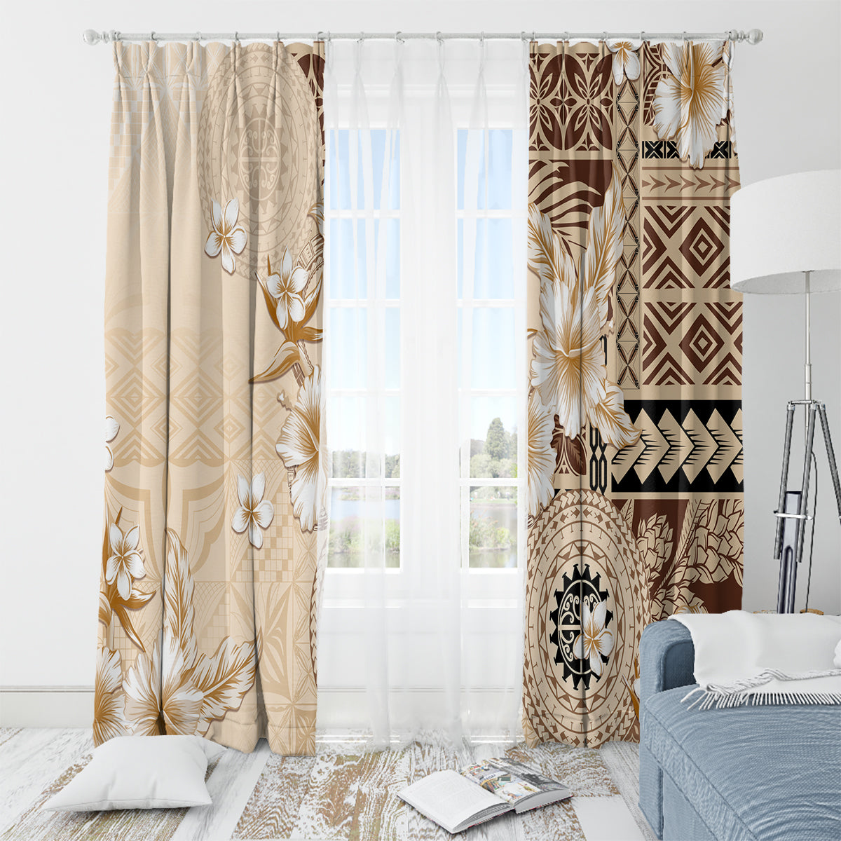 Samoa Siapo Pattern With Beige Hibiscus Window Curtain