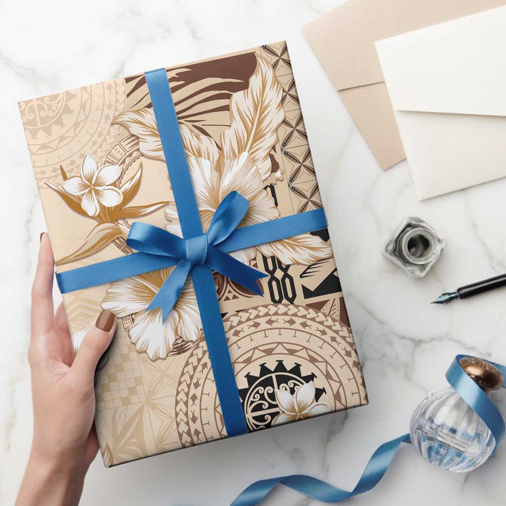 Samoa Siapo Pattern With Beige Hibiscus Wrapping Paper LT05 - Polynesian Pride