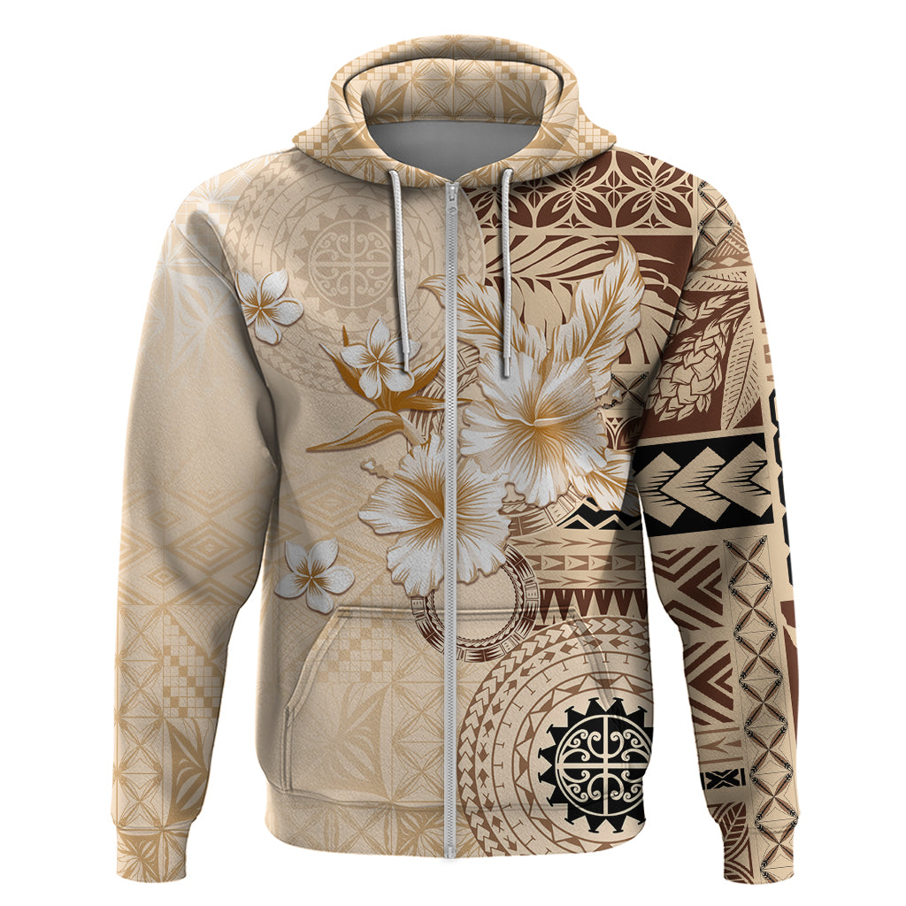 Samoa Siapo Pattern With Beige Hibiscus Zip Hoodie LT05 Zip Hoodie Beige - Polynesian Pride